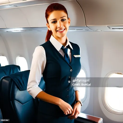 Prompt: a beautiful redhead flight attendant is smiling and standing inside an empty passenger plane wearing impeccable uniform