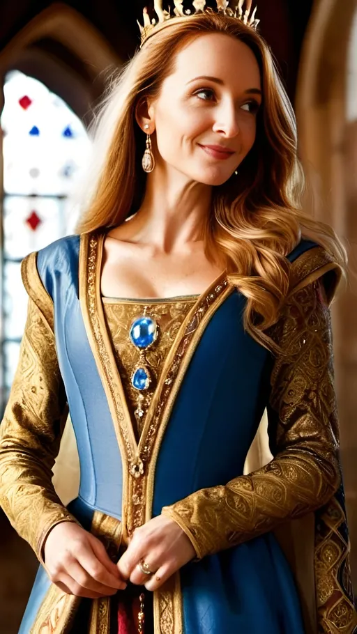 Prompt: Beautiful French queen with golden diamond crown, blue eyes, medieval castle hall with tapestries, majestic atmosphere, highres, detailed, medieval, regal, luxurious, golden crown, diamond, smiling, majestic hall, tapestries, medieval atmosphere, professional, atmospheric lighting