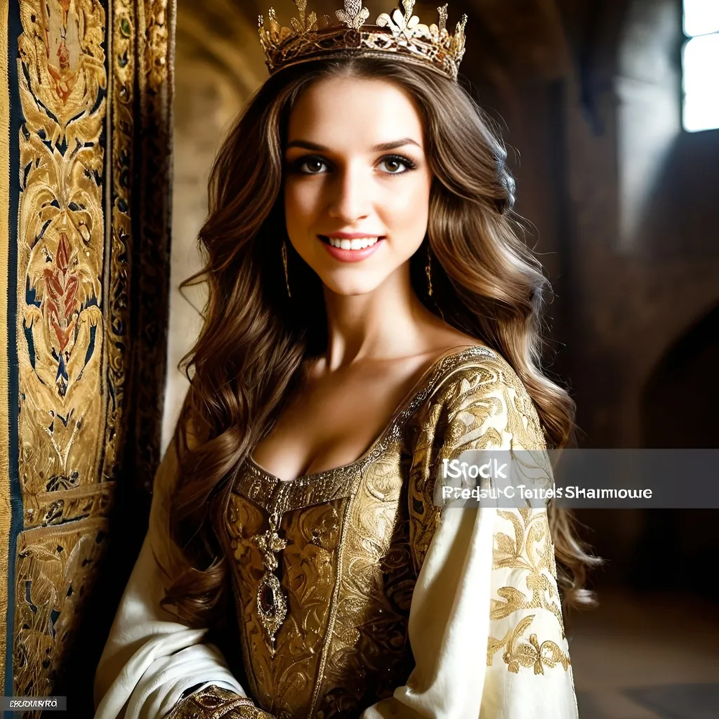 Prompt: Young and Beautiful French queen with golden diamond crown, medieval castle hall with tapestries, majestic atmosphere, highres, detailed, medieval, regal, luxurious, golden crown, diamond, smiling, majestic hall, tapestries, medieval atmosphere, professional, atmospheric lighting