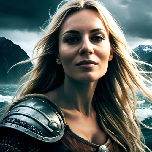 Prompt: Beautiful Norse Viking warrior queen, stormy seas, viking ships in the fjord, Nordic landscape, fjord, Norway, highres, ultra-detailed, historical, majestic, dramatic lighting, epic, realistic, detailed facial features, oil painting, cool tones, stormy atmosphere, powerful, imposing presence, fierce expression, intricate viking ships, ancient, rugged terrain, atmospheric lighting