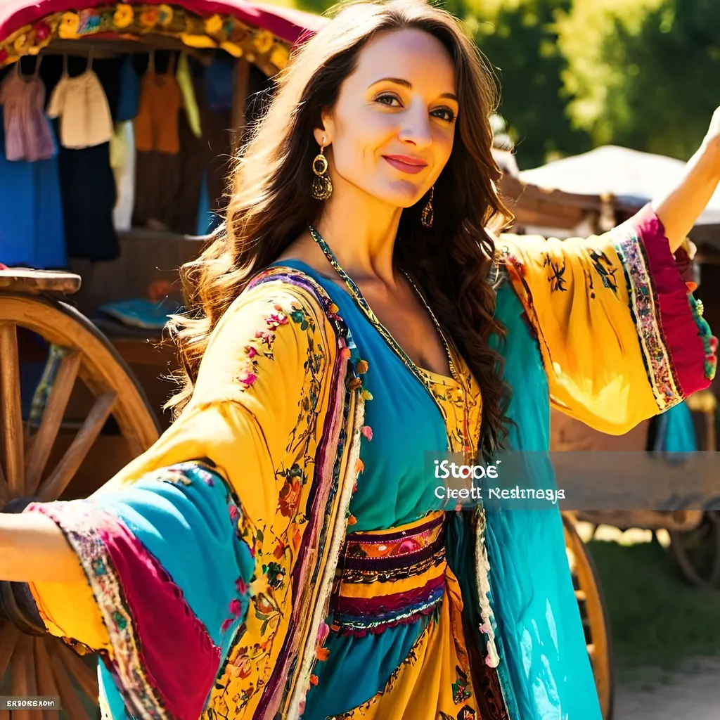 Prompt: beautiful and smiling dark haired Gypsy lady is dancing next to Gypsy cart dressed in colourful Gypsy robes, sunny day,