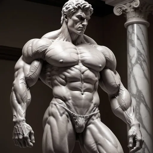 Prompt: Strong, muscular figure in a powerful stance, realistic sculpture, detailed anatomy, high quality, marble sculpture, strong physique, intense expression, defined muscles, intricate details, classical, dramatic lighting, monochromatic tones, intense shadows, professional quality, powerful composition
