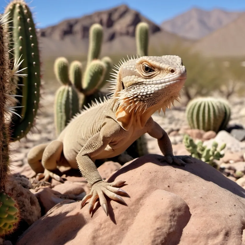 Prompt: A very small tan lizard with muscular feet and sharp claws on a barren rocky desert with cacti crowing. 