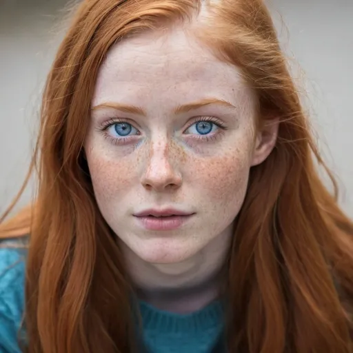 Prompt: 24 year old female with long, ginger hair. Pale with lots of freckles and blue eyes.