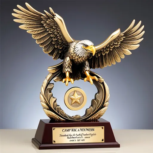 Prompt: (accurately spelled text "Camp Kick A** MVP Ted Younessi"), majestic trophy featuring an eagle, (detailed eagle) sculpture, shining metallic finish, vibrant gold and silver, elegant base, engraved text, dramatic lighting casting shadows, background of a wintry scene or cheers of a crowd, high-quality, ultra-detailed, Let's celebrate victory ambiance, dynamic and inspirational.