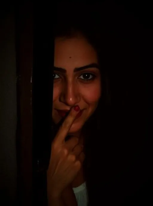 Prompt: A young woman peeks out from behind a partially closed door, her expressive eyes glistening with curiosity and playfulness. The dimly lit scene casts gentle shadows across her face, accentuating her features, such as her well-defined eyebrows and the subtle beauty mark on her forehead. She holds a finger to her lips, as if shushing someone or enjoying a sweet secret, creating a sense of intimacy and intrigue. The color palette is predominantly dark, enhancing the mood of mystery, while the soft focus on her face draws attention to her captivating gaze. Overall, the image conveys a sense of playful secrecy, capturing a moment filled with anticipation and allure.