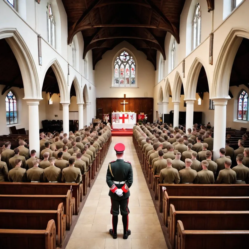 Prompt: England army stand at church