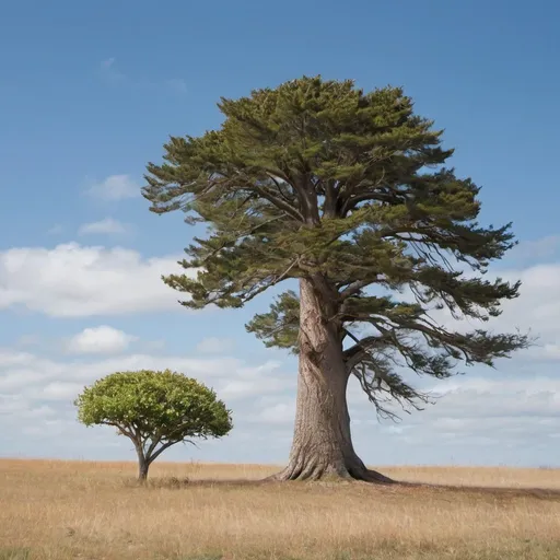 Prompt: one tree with a small trunk next to a tree with a large trunk both blowing in the wind