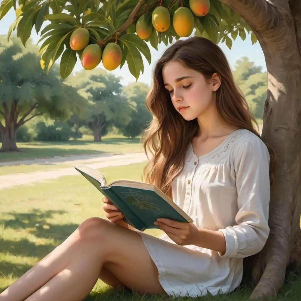 Prompt: A drawing of a girl with long brown hair, dressed modestly, serenely reading a book while leaning under the shade and against a mango tree in summer time