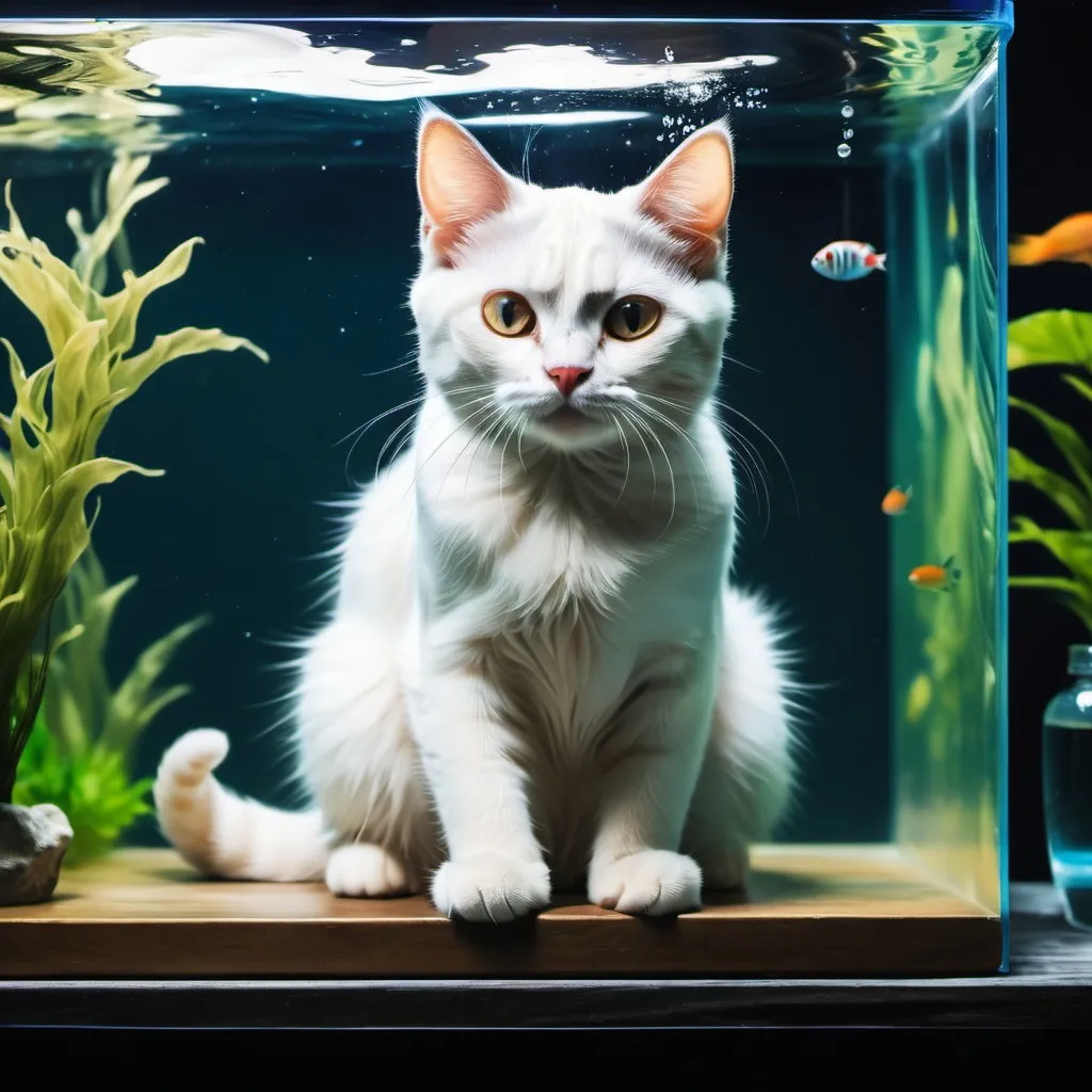 Prompt: A cat sitting on a table and playing in water available in aquarium