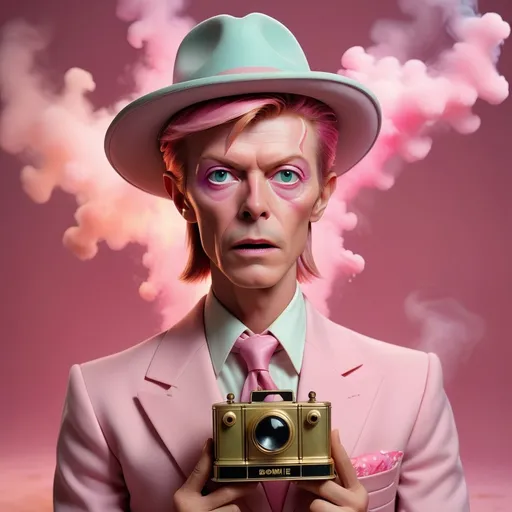 Prompt: Create a pastel pink wonderland landscape with a half-body portrait of a David Bowie. He is holding an antique brass Cow bell and dressed in a stylish and sophisticated manner, wearing a pastel pink suit and a fedora hat, with a neatly shaved haircut. Surrounded by colorful explosions and pink smoke in the background. Achieve a fantasy-like ambiance with a muted pastel color scheme. Use a professional cinematic camera to capture an Ultra HD, HDR, photorealistic image. Employ a 16mm film, color graded with Kodak Portra 400 to add an artistic touch.