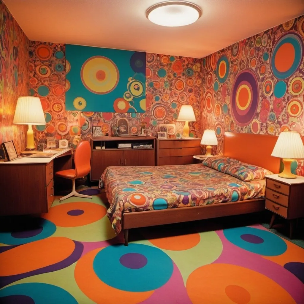 Prompt: a psychedelic1960s bedroom, with wacky wallpaper, posters and lava lamp.