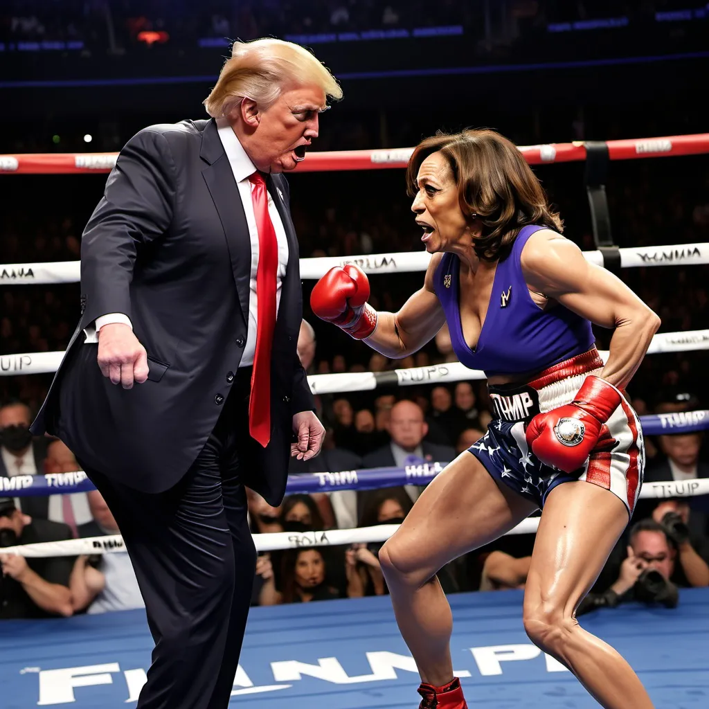 Prompt: Donald Trump fighting in a ring against Kamala Harris and knocks her out