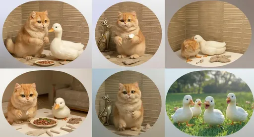 Prompt: Scene 1:
One day, Kitty sees a duck with a hurt wing.

Kitty: Oh no! Are you okay?
Duck: My wing hurts… I can't fly.
Kitty: Come with me. I will help you.

Scene 2:
At home, Kitty puts a bandage on the duck's wing.

Kitty: All done! You can rest here.
Duck: Thank you! You're very kind.

Scene 3:
More ducks come to visit Kitty's house.

Duck 2: Hello! We heard you helped our friend.
Kitty: Um… okay. Welcome, I guess…

Scene 4:
The ducks make a big mess. Kitty is stressed.

Duck 3: Let’s jump on the bed!
Duck 4: Yay! Party time!
Kitty: This is TOO MUCH!

Scene 5:
Kitty makes a funny dinner for the ducks.

Kitty: Dinner is ready! Worm soup and fish juice!
Ducks: Ewwww!!
Kitty (laughing): That’s what you get for destroying my house!

Scene 6:
The ducks clean everything and say sorry.

Duck: We’re sorry, Kitty!
Kitty: It’s okay. Let’s be friends.
All: Yay!