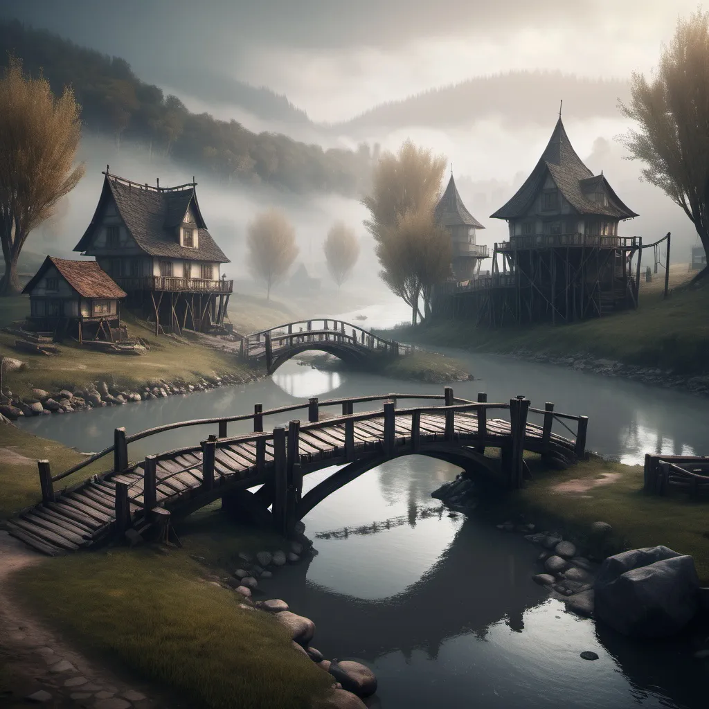 Prompt: small settlement, foggy, bridge and river, dramatic fantasy settlement scene, cinematic lighting