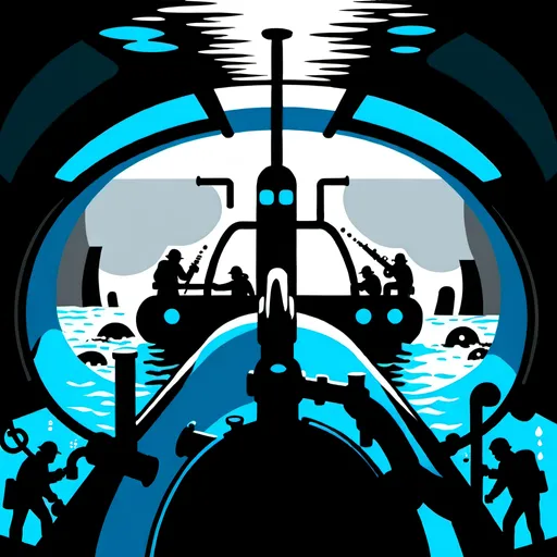 Prompt: your description, the image could depict a group of people in a submarine, led by a master plumber, desperately trying to fix leaks as water rises around them, with scenes of chaos and war visible through the submarine's windows.