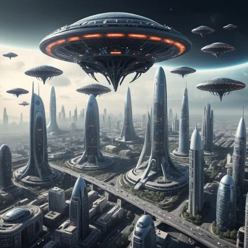 Prompt: Realistic and futuristic city taken over by aliens with flying spacecrafts