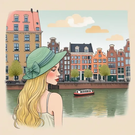 Prompt: A artsy flower girl in her end twenties, blond flowing hair, whimsical, thin line art, flat color illustration, with a handmade feeling of coloring in the illustration with paint, high quality. The girl looking out on the canal of Amsterdam in the Netherlands, on a beautiful summer day with a straw textured summer hat with bow, low contrast and bright illustration in more muted but fresh colors. On a white, naturel paper textured background