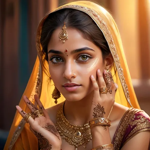 Prompt: Realistic digital painting of a captivating Indian girl, vibrant cultural attire, intricate henna designs on hands, Bollywood-inspired jewelry, luminous golden hour lighting, expressive eyes, high-quality, detailed rendering, traditional Indian fashion, realistic, digital painting, cultural diversity, ornate jewelry, vibrant colors, golden hour lighting