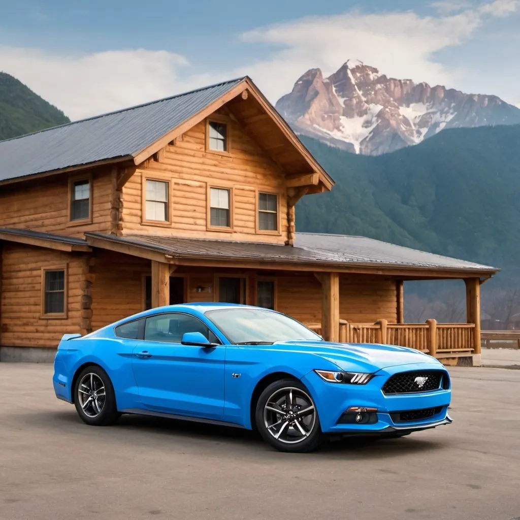 Prompt: Blue Ford Mustang in front of a Wooden Blockhous and behind a big Mountain