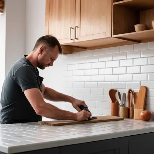 Prompt: A man fixing a kitchen bench in real life soft setting light 
 can you make the kitchen bench tiled. Can you only show hands and arms working on the bench. No face. Make the kitchen bench a bit more realistic