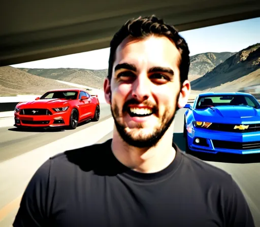 Prompt: Two (cars) driving side by side, (Ford Mustang GT Fastback) and (Chevrolet Camaro Strode), (visible faces of drivers), vibrant colors, dynamic action, motion blur effect, intense race atmosphere, adrenaline-filled expressions, cinematic lighting, dramatic shadows, high contrast, urban racing backdrop, ultra-detailed, 4K, photorealistic, studio lighting, high-speed chase, thrilling and energetic mood, capturing the essence of competition, HD.