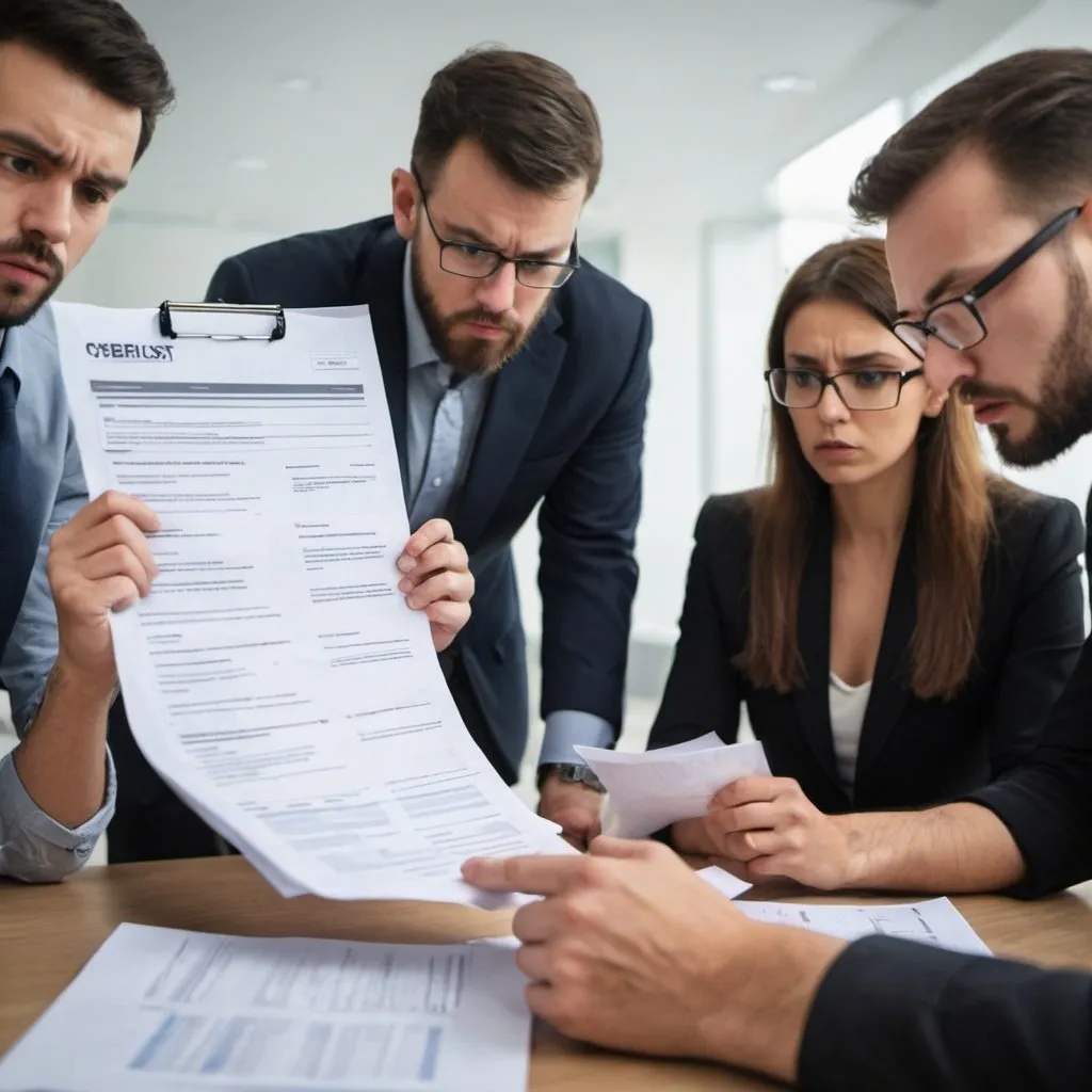 Prompt: Group of people, looking fraught, looking at a paper checklist for a cyber incident response plan