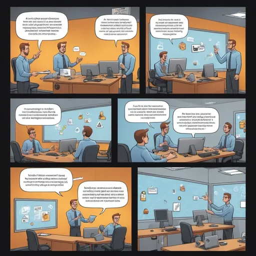 Prompt: A 3 panel cartoon image

1st panel: top right is an object floating just out of reach, with a label reading "shiny security tools", with a character labeled "companies wanting to improve security visibility" visibly reaching toward the floating object.

2nd panel: an expanded view of the 1st panel, now including a 2nd character, holding the one reaching toward the floating object, this character is labelled with a list that includes; Asset Inventory, policies & processes, risk management, resources.

3rd panel: an expanded view of the 2nd panel, with a 3rd character labelled Esc. The Cyber Escape Room company - building risk awareness by engaging employees directly.