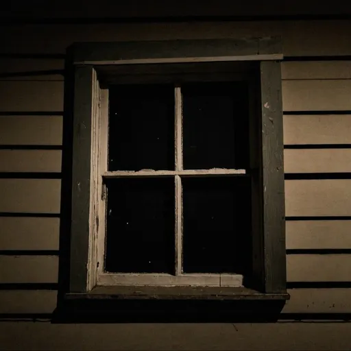 Prompt: A boarded up window at night but is creepy 