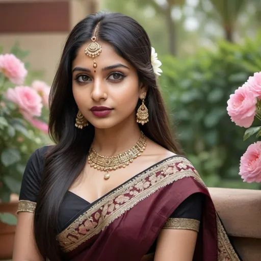 Prompt: 8k realistic highly detailed image of 25 year Indian girl, have good looks, good body figures, smooth radiant detailed face, marron lipstick, long black hairs with detailed styling, wearing marron colour saree with lace border over strapless deep neck blouse showing her beauty, wearing ornaments on her forehead,  beautiful hair clips and neck enhancing her beauty, sitting in garden full of flowers giving a straight look.
