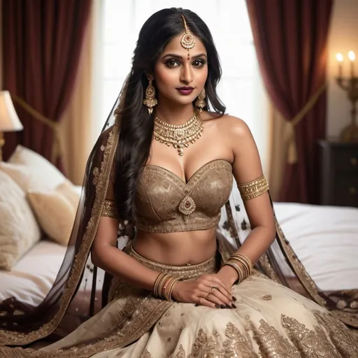 Prompt: 8k ultra realistic detailed image of dusky radiant Indian diva, having a radiant smooth oval face, long black hairs styled with bridal hairstyles, big brown glossy eyes, brown glossy lipstick, wearing a satin brown strapless deep cleavage designer bridal choli and side slit bridal ghagra, wearing designer bridal jewellery, sitting on a bed decorated with flowers for her first night in a front pose.