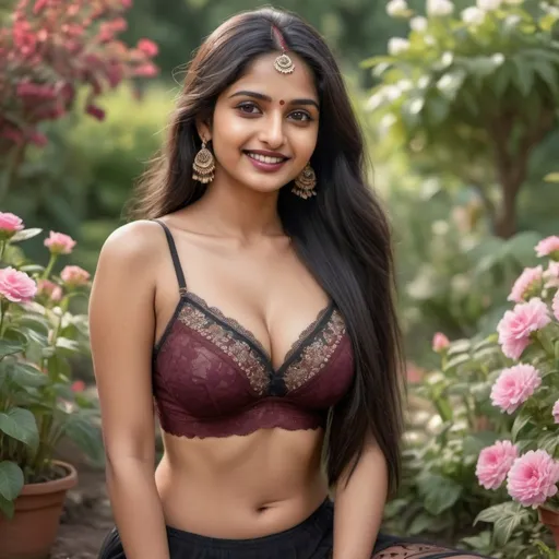 Prompt: 8k realistic highly detailed image of 25 year happy Indian girl, good body figures, smooth radiant detailed face, marron lipstick, long black hairs with detailed styling, wearing marron colour net bralette showing her beauty, wearing ornaments on her forehead,hair and neck enhancing her beauty, sitting in garden full of flowers giving a straight look.