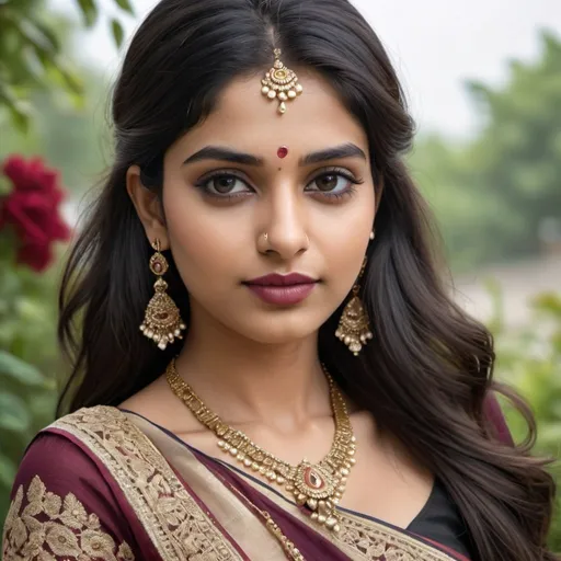 Prompt: 8k realistic highly detailed image of 25 year Indian girl, have good looks, good body figures, smooth radiant detailed face, marron lipstick, long black hairs with detailed styling, wearing marron colour saree with lace border over strapless deep neck blouse showing her beauty, wearing ornaments on her forehead,  beautiful hair clips and neck enhancing her beauty, sitting in garden full of flowers giving a straight look.