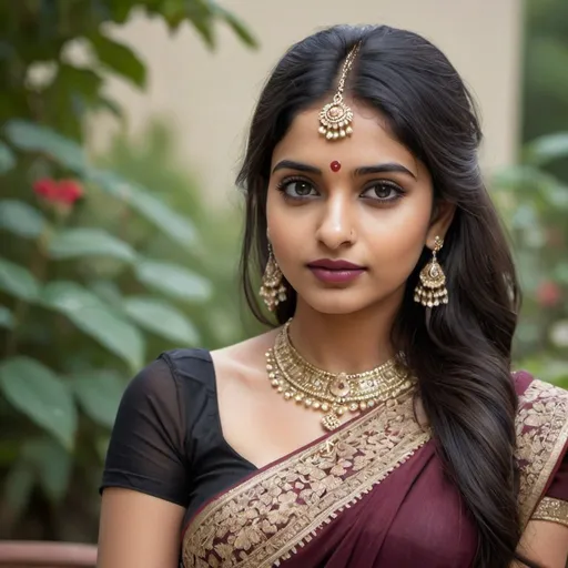 Prompt: 8k realistic highly detailed image of 25 year Indian girl, have good looks, good body figures, smooth radiant detailed face, marron lipstick, long black hairs with detailed styling, wearing marron colour saree with lace border over strapless deep neck blouse showing her beauty, wearing ornaments on her forehead,  beautiful hair clips and neck enhancing her beauty, sitting in garden full of flowers giving a straight look.