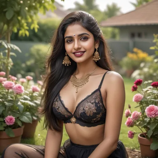 Prompt: 8k realistic highly detailed image of 25 year happy Indian girl, good body figures, smooth radiant detailed face, marron lipstick, long black hairs with detailed styling, wearing marron colour net bralette showing her beauty, wearing ornaments on her forehead,hair and neck enhancing her beauty, sitting in garden full of flowers giving a straight look.