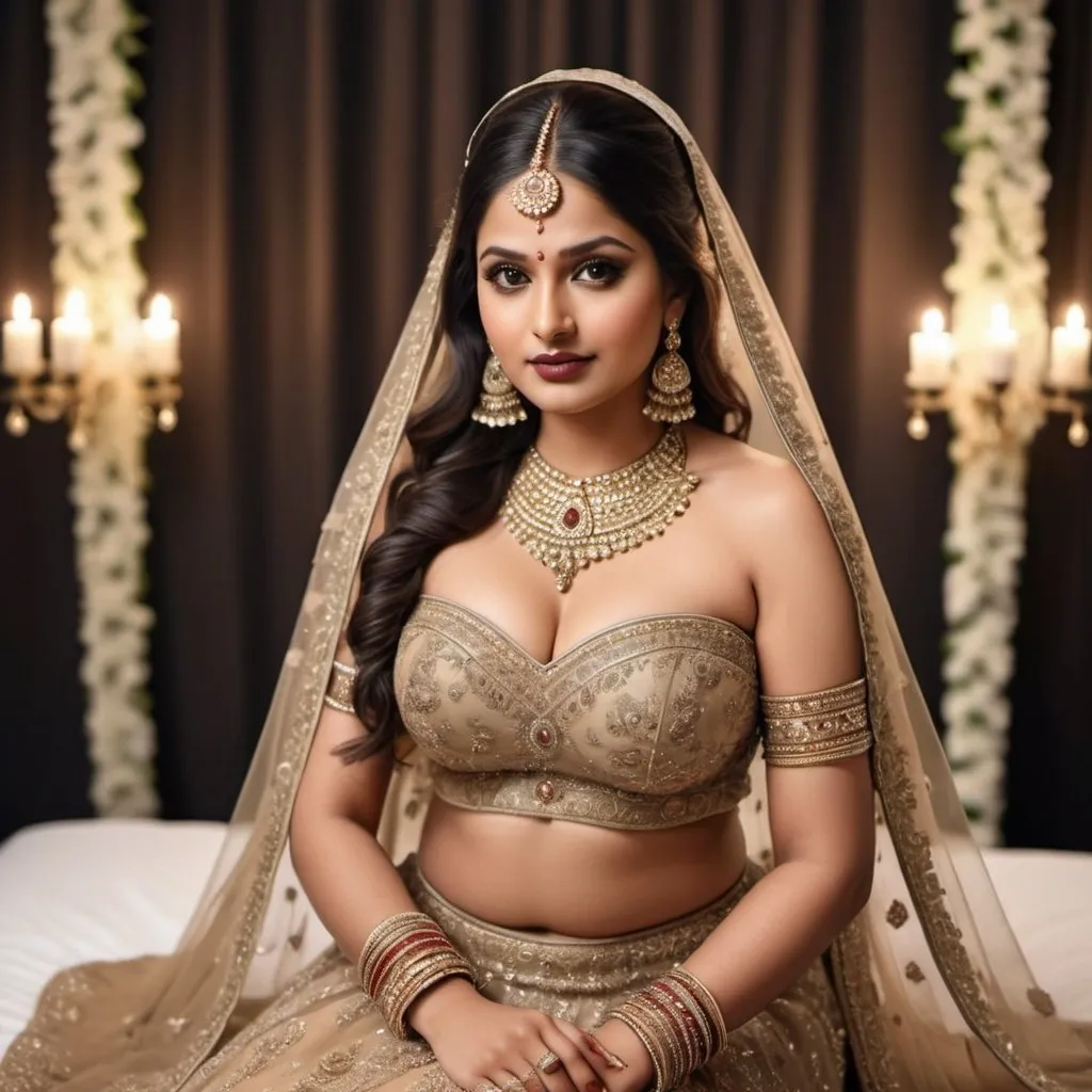 Prompt: 8k ultra realistic detailed image of fair radiant Indian diva, having a radiant smooth oval chubby face, long black hairs styled with bridal hairstyles, big brown glossy eyes, brown glossy lipstick, wearing a net brown strapless deep cleavage designer bridal choli and thigh slit net bridal ghagra, wearing designer bridal jewellery, sitting on a bed decorated with flowers for her first night in a front pose.