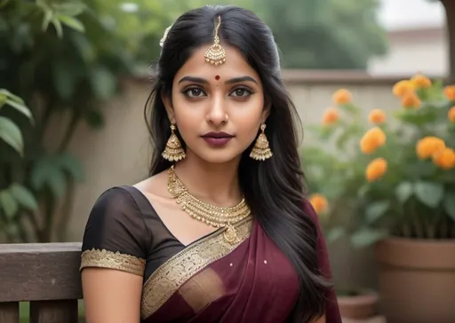 Prompt: 8k realistic highly detailed image of 25 year Indian girl, have good looks, good body figures, fair skin complexion,smooth radiant detailed face, marron lipstick, long black hairs with detailed styling, wearing marron colour saree with lace border over off shoulder deep cut blouse showing her beauty, wearing ornaments on her forehead,  beautiful hair clips and neck enhancing her beauty, sitting in garden full of flowers giving a straight look.