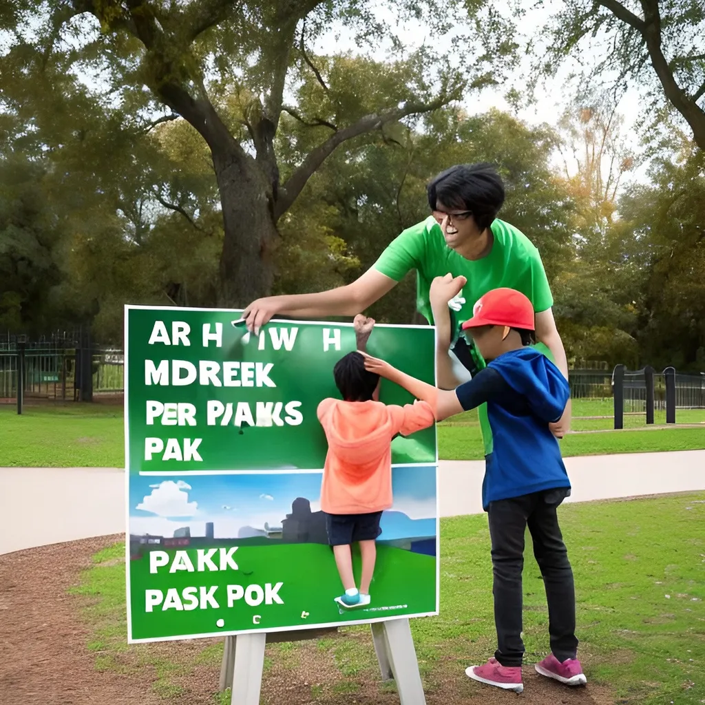 Prompt: a parent showing a child a park sign at the park