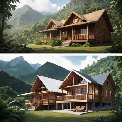 Prompt: i want to different image of home side by side , exemple tropical cabin on the left and mountain cabin on the right ,