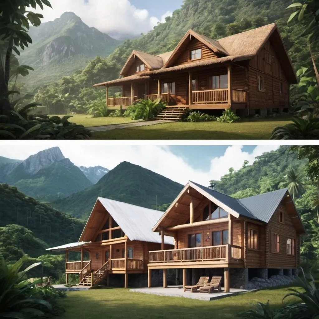 Prompt: i want to different image of home side by side , exemple tropical cabin on the left and mountain cabin on the right ,