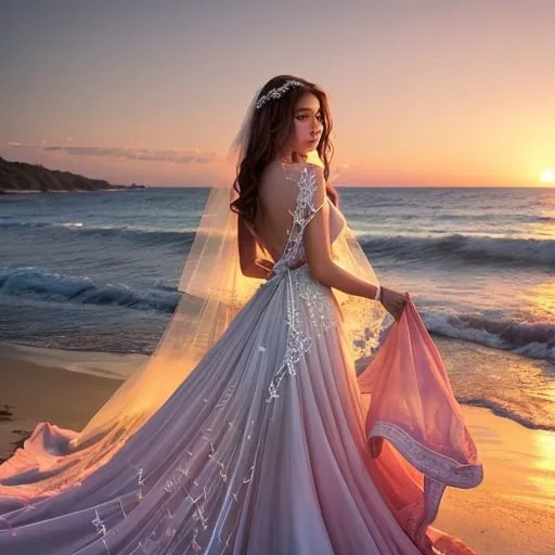 Prompt: The scene unfolds on a pristine white beach, the tranquillity broken only by the gentle sigh of the sea breeze. The sun dips towards the horizon, painting the sky in a masterpiece of fiery reds, oranges, and purples. Its warm glow bathes the scene, casting a soft, ethereal light.

 Standing in profile, a bride graces the beach with her presence. Her elegant gown, a vision of flowing white, billows behind her as the breeze catches it. Intricate lace details shimmer with the last rays of sunlight, each thread captured in stunning 8K realism. As if mirroring the fiery sky, colorful flowers adorn her hair, their vibrant petals a delightful contrast against the soft hues of the sunset. A long veil cascades down her back, its delicate fabric swaying gently in the wind, every wrinkle and fold rendered with meticulous detail by the Canon Mk5 camera.

 This image is a testament to the beauty of the moment, a perfect blend of nature's majesty and a bride's radiant happiness. Every element, from the intricate lace to the delicate veins of the flowers, is captured with stunning realism, leaving you breathless as you witness this timeless scene.