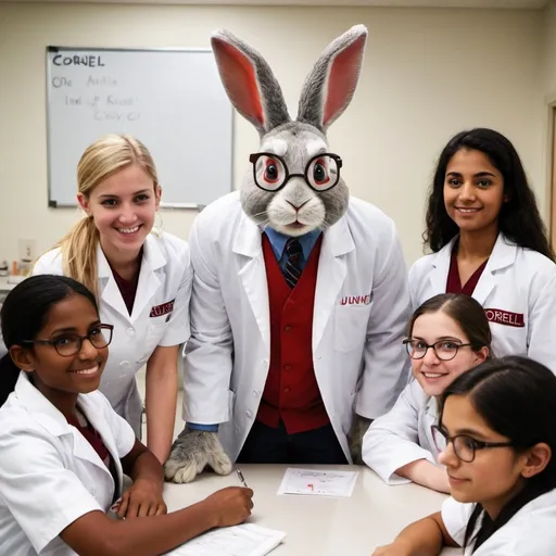 Prompt: A human size gray rabbit with lopped ears dressed as a veterinarian in a white lab coat with the words "Cornell" in red and the name "Junie" in blue clearly embroidered on the lab coat. 
 The rabbit is lecturing in a medical school environment surrounded at a table by female students, one Caucasian with shoulder length dark hair, one Caucasian with crew cut blonde hair and round wire rim glasses and one mildly overweight Caucasian with flat hair and one of origin in India with brown skin and mildly overweight.  The students all look attentive and inspired and smiling.  The word "Cornell" on the wall. The rabbit has lopped ears.  The name "Junie" is embroidered on the lab coat.