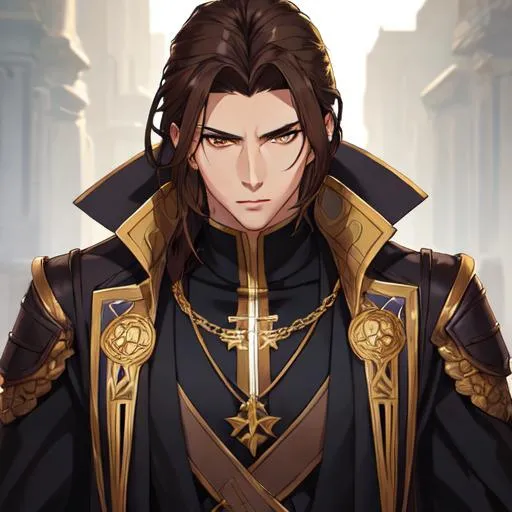 Prompt: portrait, young handsome man, lean build, tan skin, gold eyes, dark brown hair, assassin, high fantasy, dark clothes