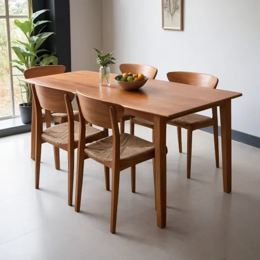 Prompt: A rectangular teakwood dining table measuring 160cm in length, designed to accommodate six people. The table showcases four rounded legs that taper to pointy ends near the floor, adding a touch of elegance to its robust construction. The teakwood is finished in a rich, natural teak brown, highlighting the beautiful wood grain and adding warmth to the overall design. The table is paired with four matching chairs, two on each long side, featuring well-defined and developed legs that complement the table's design. The chairs have a unique, ergonomic backrest design, enhancing both comfort and style. Technical Specifications: Table Length: 160cm Seating Capacity: 6 people Material: Teakwood Color: Natural/Teak Brown Legs: Rounded and pointy at ends Chairs: 2 on each long side, matching teakwood, well-defined legs, ergonomic backrest design
