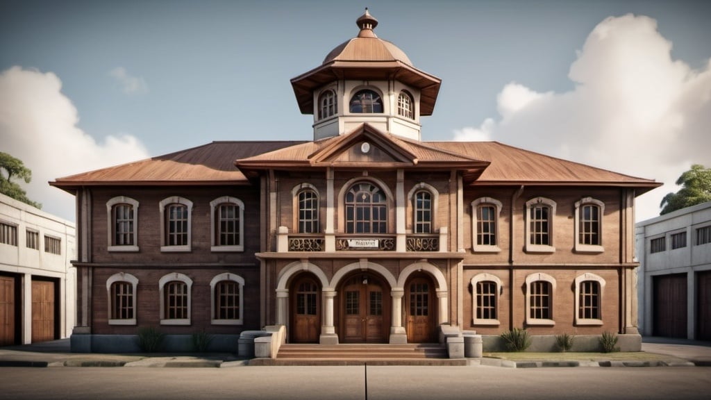 Prompt: imagine a front face of vintage police station in 1940's colonial style made out of wood, with intricate details of circular stair case view tower on one side, multiple corriders in the front and another side, arch windows and doors, realistic , cinematic shot