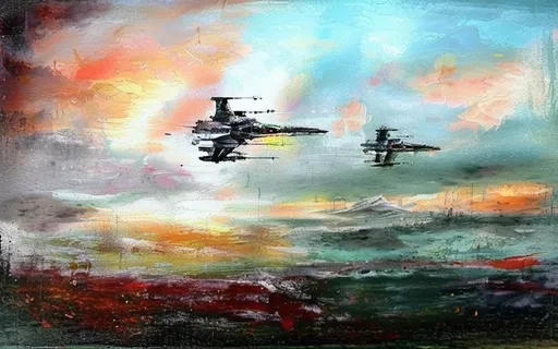 Prompt: star wars x wing fighters flying as an abstract oil painting