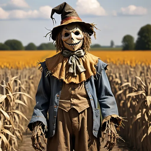 Prompt: a horror adaptation of The Scarecrow from the wizard of oz, A incomplete patchwork creation, a fusion of human and scarecrow plagued with an obsession to complete the unfinished work with a human brain. 