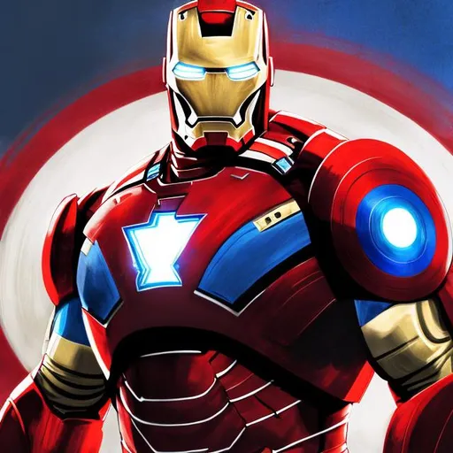 Prompt: Ironman and Captain America fusion, digital illustration, detailed armor with patriotic colors, intense and heroic posing, realistic shading, high quality, superheroic, dynamic composition, vibrant red, white, and blue, futuristic technology, patriotic theme, powerful stance, highres, ultra-detailed, digital illustration, superhero fusion, intense light and shadow