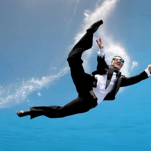 Prompt: person diving in the Olympics in a tuxedo