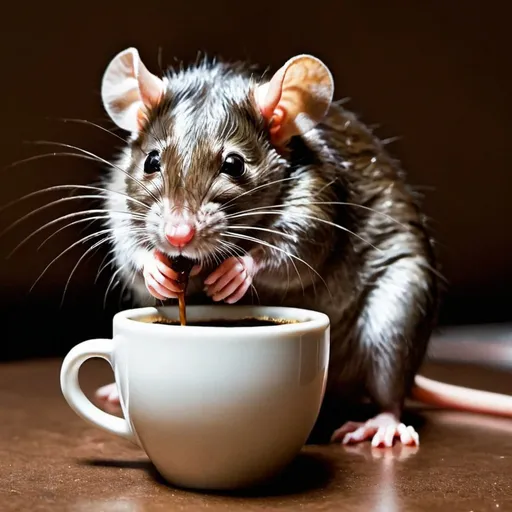 Prompt: A rat drinking of a coffee mug